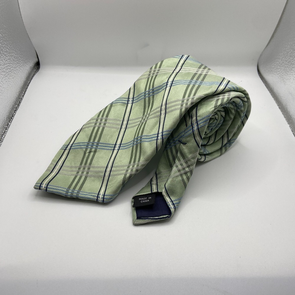 Joseph Abboud Designer Necktie Mens Green Plaid Silk Keeper Loop Business Office